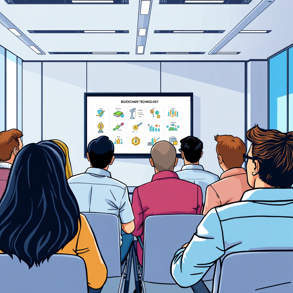 Illustrate an educational scene with a diverse group of people watching a presentation about blockchain technology. The environment can be a modern conference room with a visible digital screen showing blockchain diagrams. Utilize bright, engaging colors to create an inviting learning atmosphere. The camera angle should focus on the screen while showing engaged expressions from the audience. Emphasize clarity and detail in the visuals to enhance educational value, ensuring a high-quality resolution.