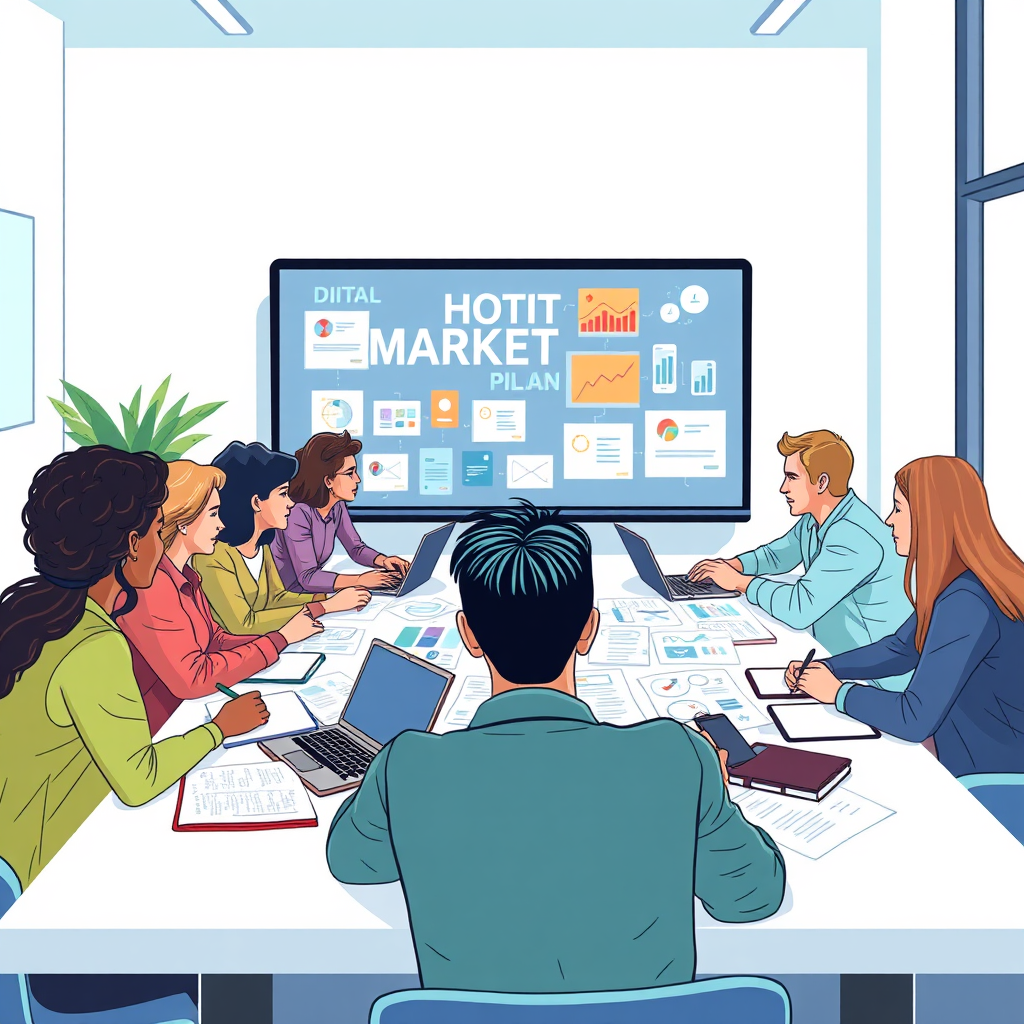 Illustrate an engaging marketing meeting with a diverse group brainstorming around a table filled with digital marketing plans. The room should be bright, featuring a large screen displaying digital marketing strategies. Use a color palette of blues and greens to convey creativity and strategy. The composition should focus on collaboration and engagement, with texture details highlighting the materials of notebooks and laptops. Technical specs should ensure a high-quality and vibrant image.
