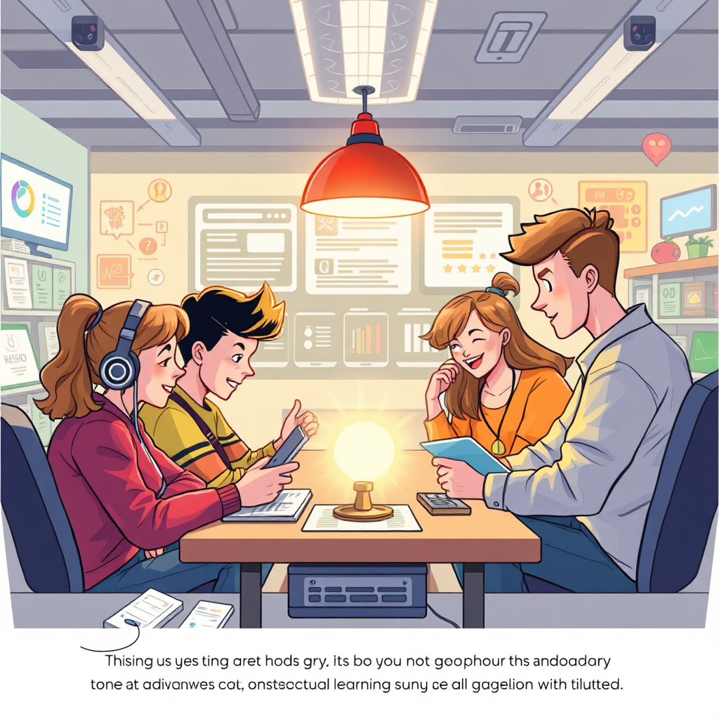Illustrate an engaging snapshot of individuals solving interactive quizzes derived from their learning materials, with visuals embodying fun and challenge. The environment should be an advanced learning space filled with colorful gadgets, cheerful expressions, and appealing graphics related to quiz results, all tied together with dynamic lighting.