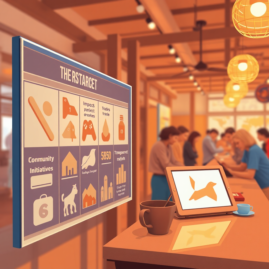 Illustrate an image of a transparent market transaction, showing the impact of trades on community initiatives or projects, visually represented on a digital board. Warm colors create an inviting atmosphere, while the digital elements signify innovation. The shot should inspire hope and purpose, inviting viewers to imagine the potential impact of their engagement. Tech specs: photorealistic.