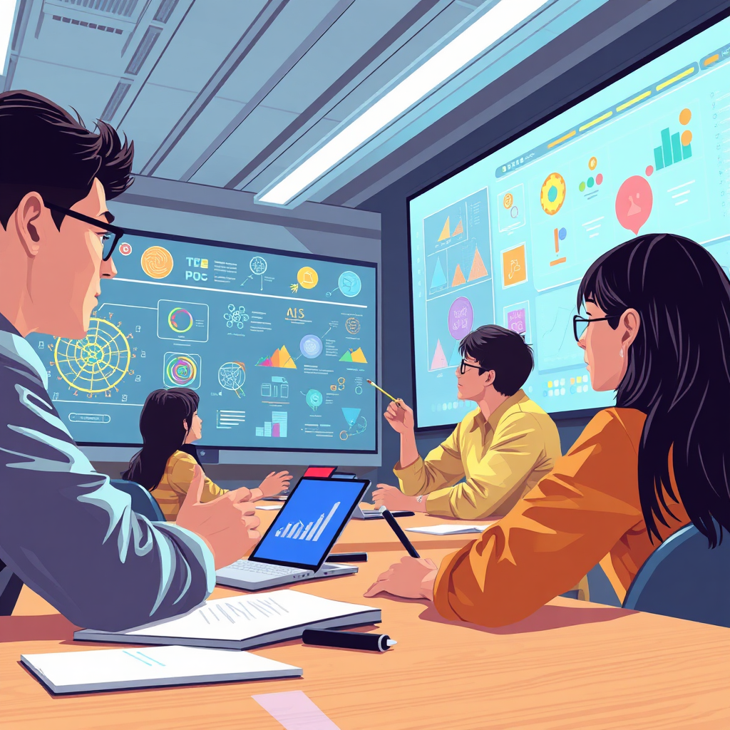 Illustrate an intense learning session where individuals quickly grasp ideas from fast-moving visuals on screens. The focus should be on engaging, colorful diagrams and fast-paced animations that represent compressed knowledge. The environment should feel dynamic and tech-heavy, possibly within a futuristic classroom. Bright lighting elements should contribute to the quick learning atmosphere, with modern aesthetics emphasized.