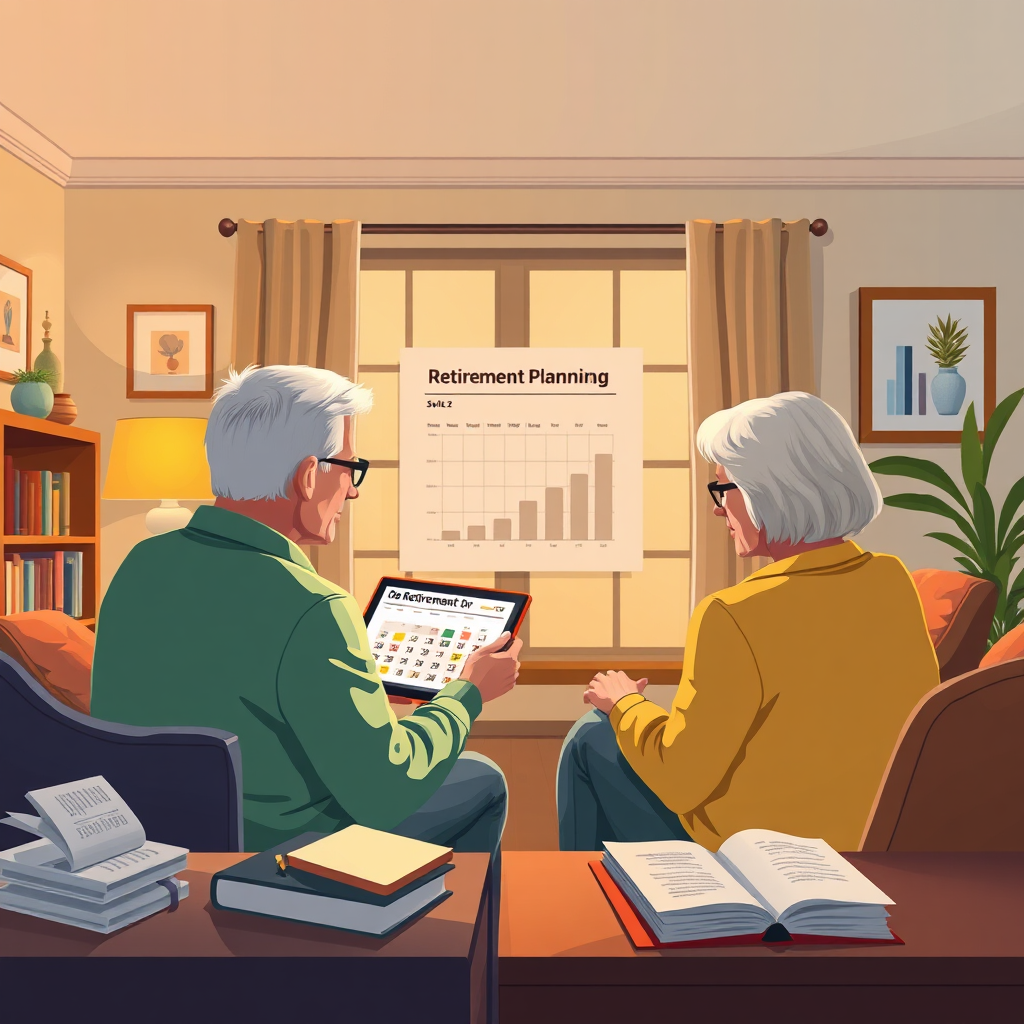 Illustrate an inviting living room where a couple is engaged in a seminar on retirement planning via a digital device. They should appear relaxed and attentive, surrounded by books on retirement strategies and comfortable furnishings. The warm interior lighting should create a welcoming atmosphere. Include visual cues like a calendar showing retirement goals and financial charts to enhance the theme. The image needs to be photorealistic, showcasing the importance of planning for a serene retirement.