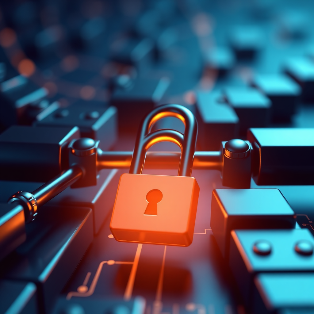 Illustrate the concept of blockchain technology safeguarding transactions for U.S.-made products. Use graphical representations of blocks linking together with a digital lock symbolizing security. The color palette should be sleek with dark blues and metallic tones, conveying high-tech aesthetics. A close-up camera perspective will enhance the visual impact. Achieve a photorealistic effect with 8K quality to ensure the technology's importance is well communicated.