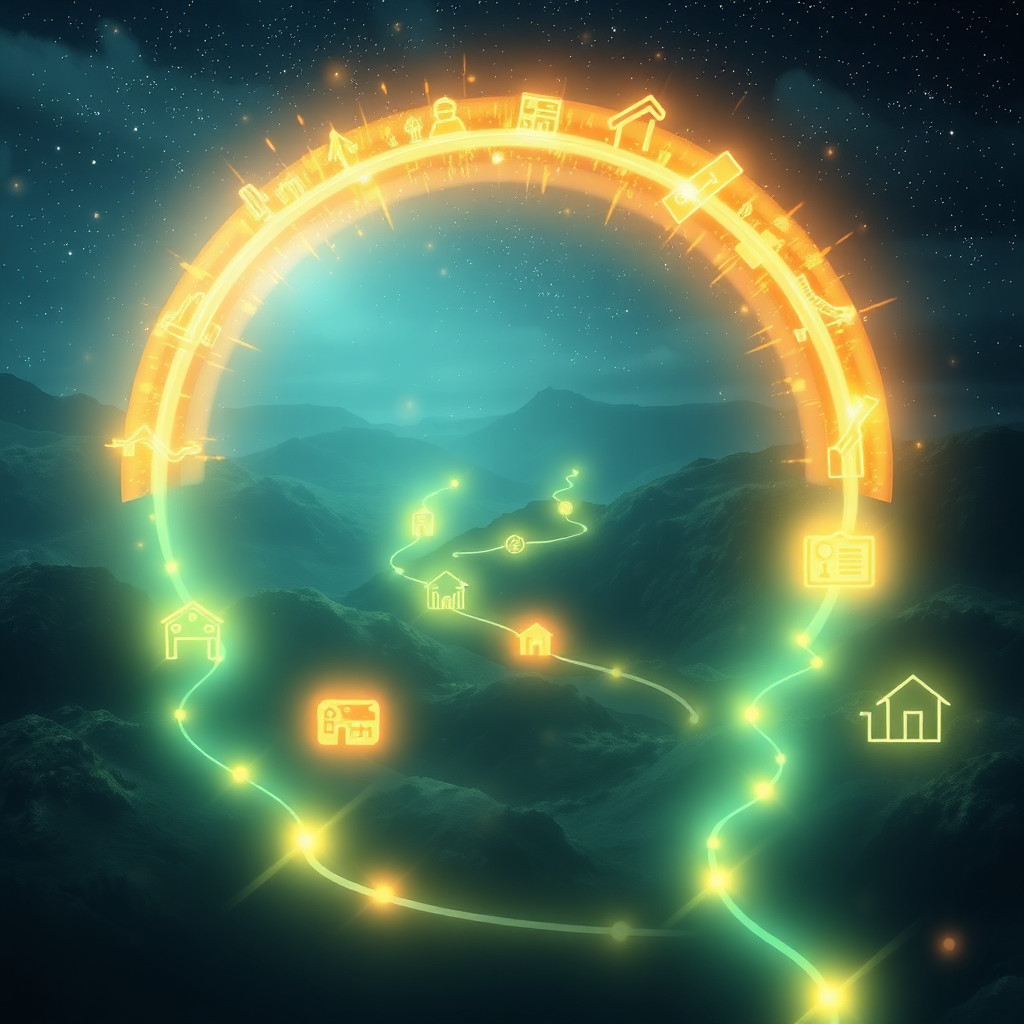 Illustrate the concept of making an impact through digital trading, featuring a visual of monetary flows represented as glowing paths leading to various community projects. Bright, uplifting lighting should reinforce the idea of positive change, with a blend of natural imagery ensuring a connection to faith. Tech specs: photorealistic.
