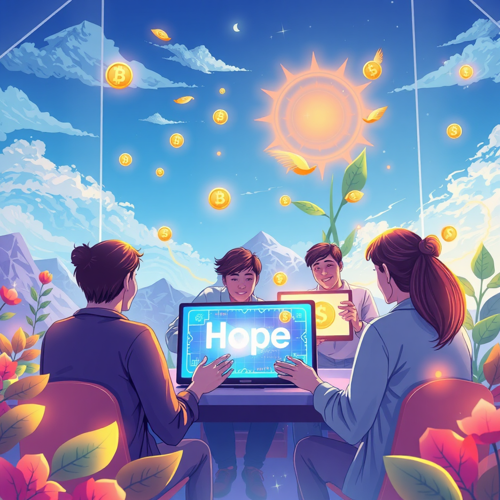 Illustrate the future of digital trading with a dynamic image showing individuals actively engaging on iCoinFi.com with their screens glowing, revealing digital currencies that symbolize hope and faith. The environment should be modern yet inviting, with elements of nature intertwined to signify harmony. Bright colors emphasize optimism, while a clear sky conveys endless possibilities. The image should evoke a sense of forward-thinking and community. Tech specs: photorealistic.