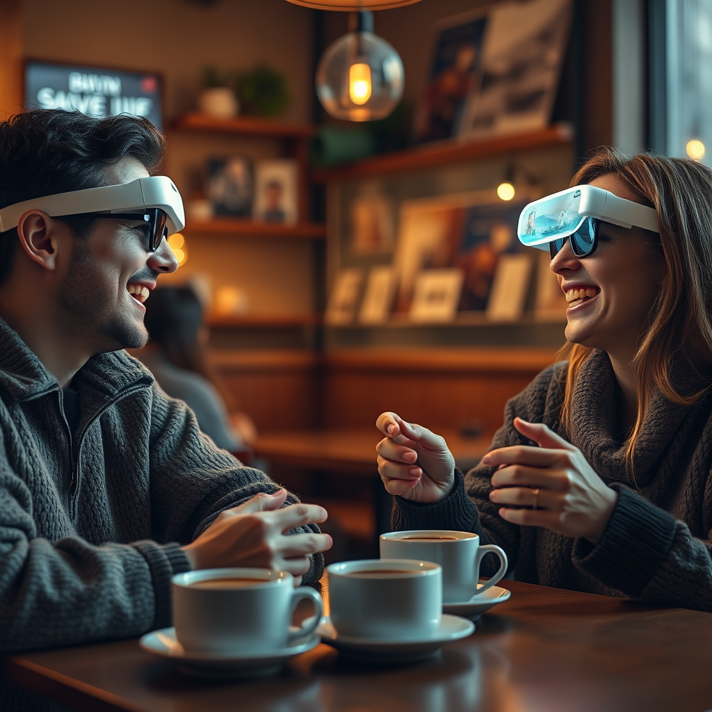 Imagine a cozy café setting where friends and family share experiences through AR technology. The image should focus on people laughing and interacting with holographic content projected from their smart glasses. Use soft, warm lighting to enhance the intimate atmosphere, and include rich textures of coffee cups and wooden surfaces to depict comfort. Highlight the seamless blend of technology and person-to-person connection.
