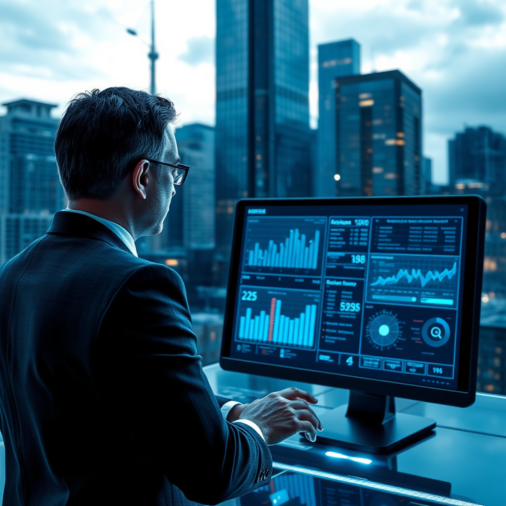 Imagine a determined business leader viewing a visual report on a futuristic interface, with city skyscrapers in the backdrop. The environment should radiate ambition and innovation, using a color palette with dark blues and metallic tones. Lighting conditions should highlight the interface on the screen, giving a strong focus to the data. Include textures representing advanced technology, like sleek surfaces and illuminated elements. Technical specs: 4K resolution, high quality.