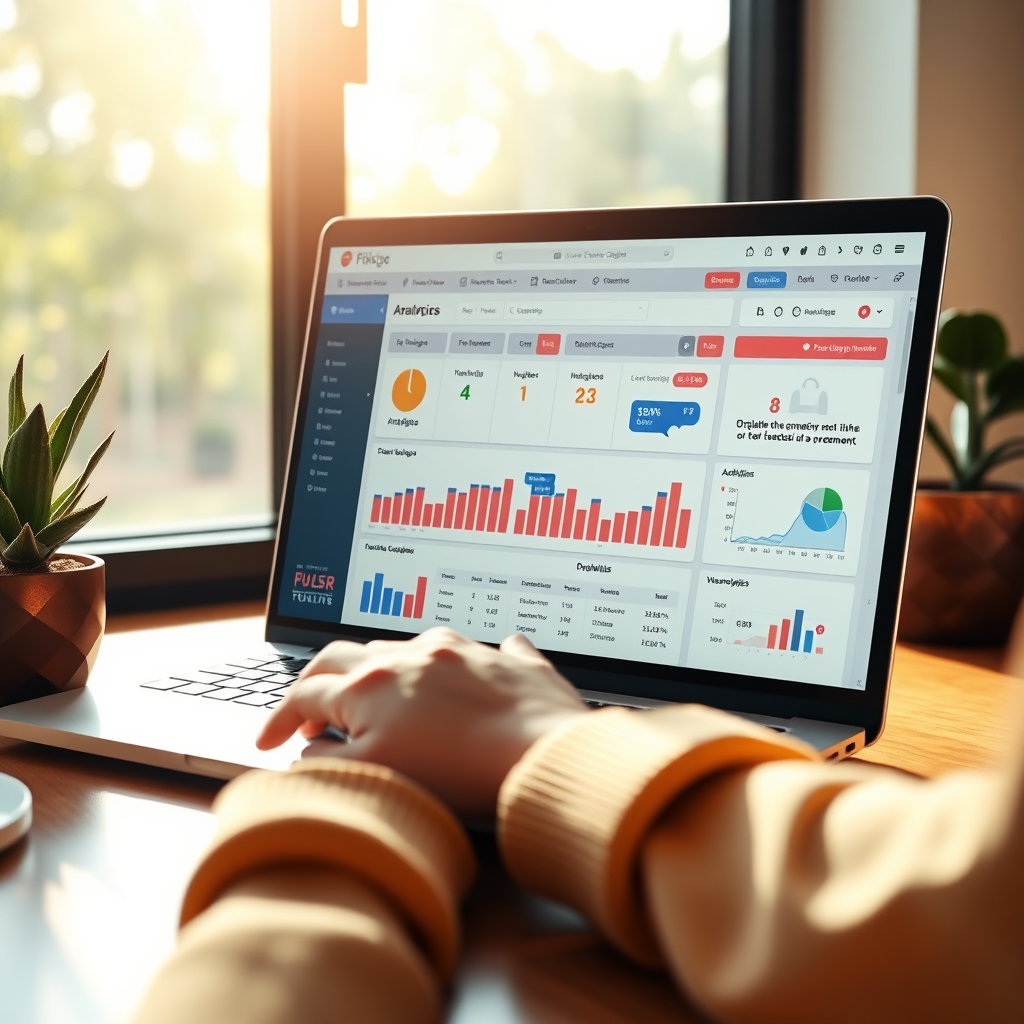 Render a vibrant e-commerce platform dashboard on a laptop screen. The scene should include a user engaging with the platform, surrounded by tools for analytics, marketing, and inventory management. Use natural light from a window to project a sense of creativity and potential. The color palette can feature warm tones to evoke a sense of accessibility and functionality, and close-up details should emphasize the tech features. Ensure high clarity and resolution to enhance understanding of the tools.