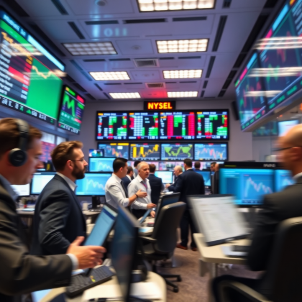 Show an image of a modern office setting where traders are engaged in fast-paced discussions, with digital screens reflecting crucial transaction data. The room should be well-lit with vibrant colors emphasizing a fast-moving atmosphere. Include elements like digital clocks and charts that indicate various global markets.