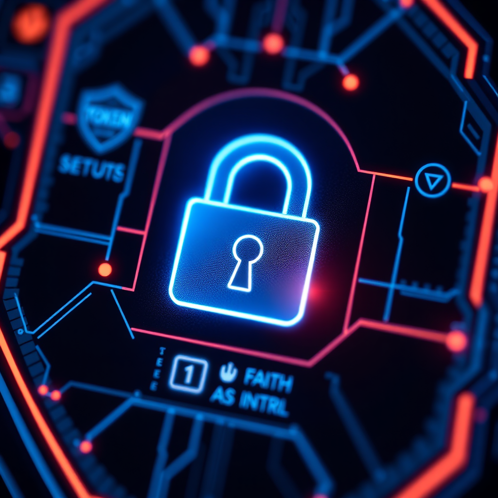 Showcase a close-up image of a digital security interface on a device, highlighting cutting-edge security features like encryption and verification. Use a dark background contrasted with bright neon accents to emphasize technology and safety. The texture details should evoke a sense of advanced technology while maintaining a faith-based token ethos in symbols subtly integrated into the interface. Tech specs: photorealistic.