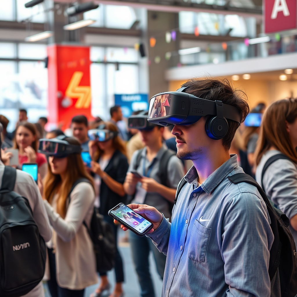 Showcase a dynamic scene where users are interacting with various AR applications in a communal space, illustrating the diversity of experiences possible with Nu-Vizn. Vivid colors and clear textures should emphasize the vibrancy of the technologies, while bright, energetic lighting conveys an exciting atmosphere. Capture the variety of people engaged in their AR experiences to communicate inclusivity and creativity.