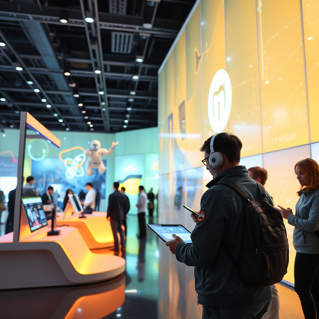 Showcase a futuristic tech exhibition where the pre-paid card invites users to access next-gen AI innovations. Highlight early adapters engaging with advanced gadgets in a sleek, modern setting with dynamic, colorful displays and interactive stations. The lighting should be bright and tech-oriented, styled photorealistically to create an inspiring atmosphere filled with innovation.