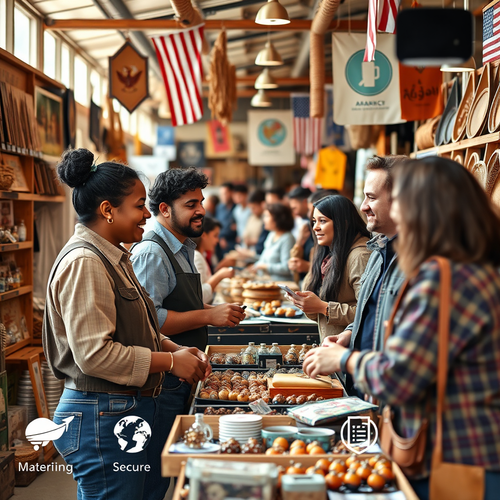 Showcase a vibrant marketplace scene with small business owners from diverse backgrounds engaging with international customers. Highlight various product displays that represent American craftsmanship. Bright, natural light should illuminate the interaction, while a warm color palette of earth tones should enhance the local feel. Include digital elements like icons representing global shipping or secure transactions. A medium shot can encapsulate the energy of international commerce, ensuring high-quality detail.