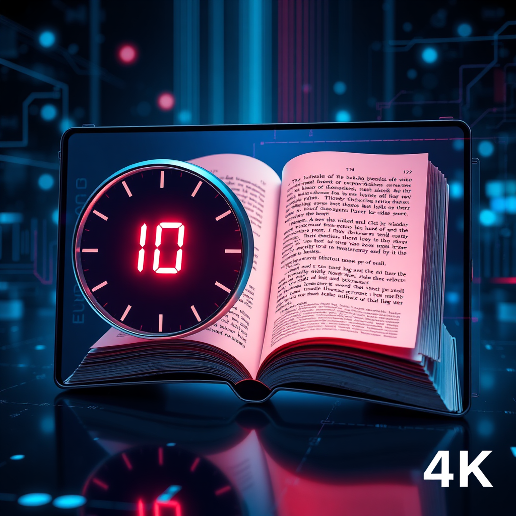 Showcase an elegant concept of a digital clock rapidly counting down while digital book pages flip on a screen. This visual should represent the efficiency of AI-Edutube in condensing video information into summarized text. Utilize a high-tech ambiance with cool tones and digital elements that emphasize speed and knowledge acquisition. The image should suggest a sense of urgency and access to information in 4K resolution.
