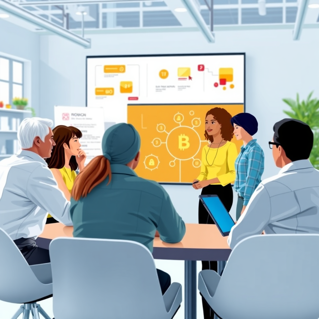 Visualize a brainstorming session with a diverse team of retailers discussing equity participation ideas. The setting should be bright and inviting, with technology-enhanced visuals, showcasing the collaborative spirit of the service.