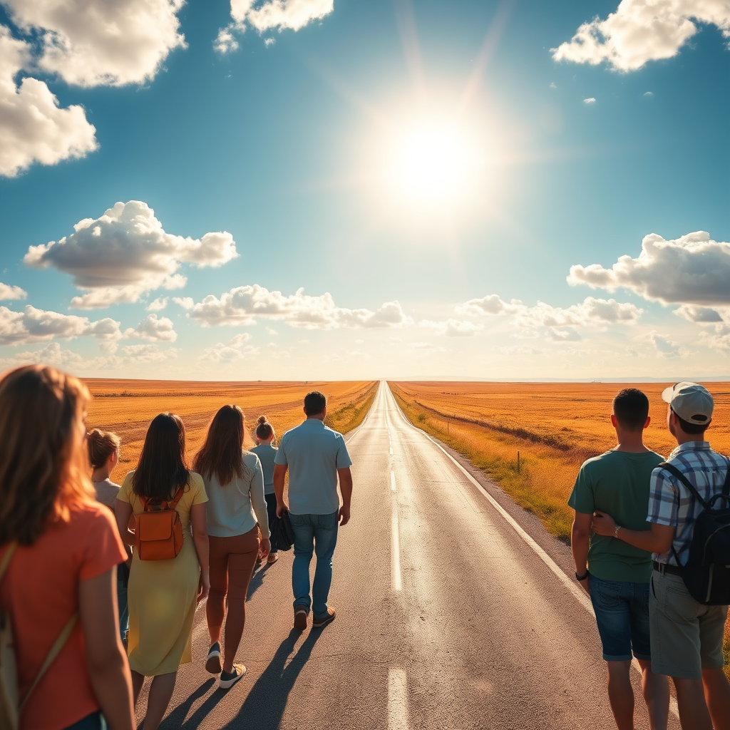 Visualize a bright, inspiring landscape that represents the journey to prosperity. The image should showcase an open road leading towards a sunlit horizon, symbolizing opportunity and hope. Fluffy clouds and a clear blue sky should enhance the uplifting atmosphere. The foreground can feature a diverse group of individuals contemplating their future, creating a strong emotional connection. Use warm colors to evoke positivity and ambition. The image should be photorealistic and detailed, capturing the essence of a wealthy mindset.