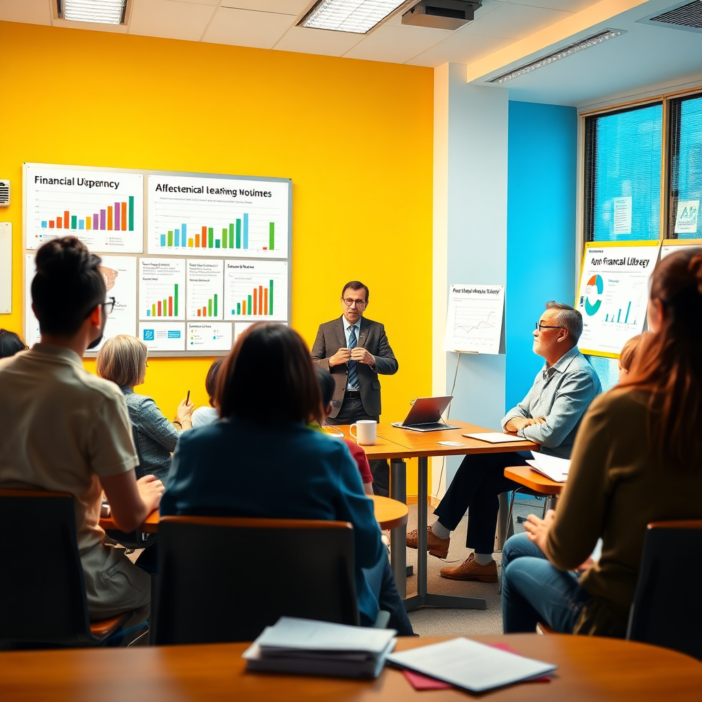 Visualize a classroom environment with a diverse group of adults engaged in a financial literacy workshop led by an animated instructor. Charts and financial resources should be displayed around the room. The lighting should be bright and welcoming, emphasizing a supportive learning atmosphere. Use a color palette that inspires trust, such as blues and yellows. Ensure that the environment feels inclusive, with varied participants eager to learn and participate. The image should be photorealistic, capturing the essence of education in finance.