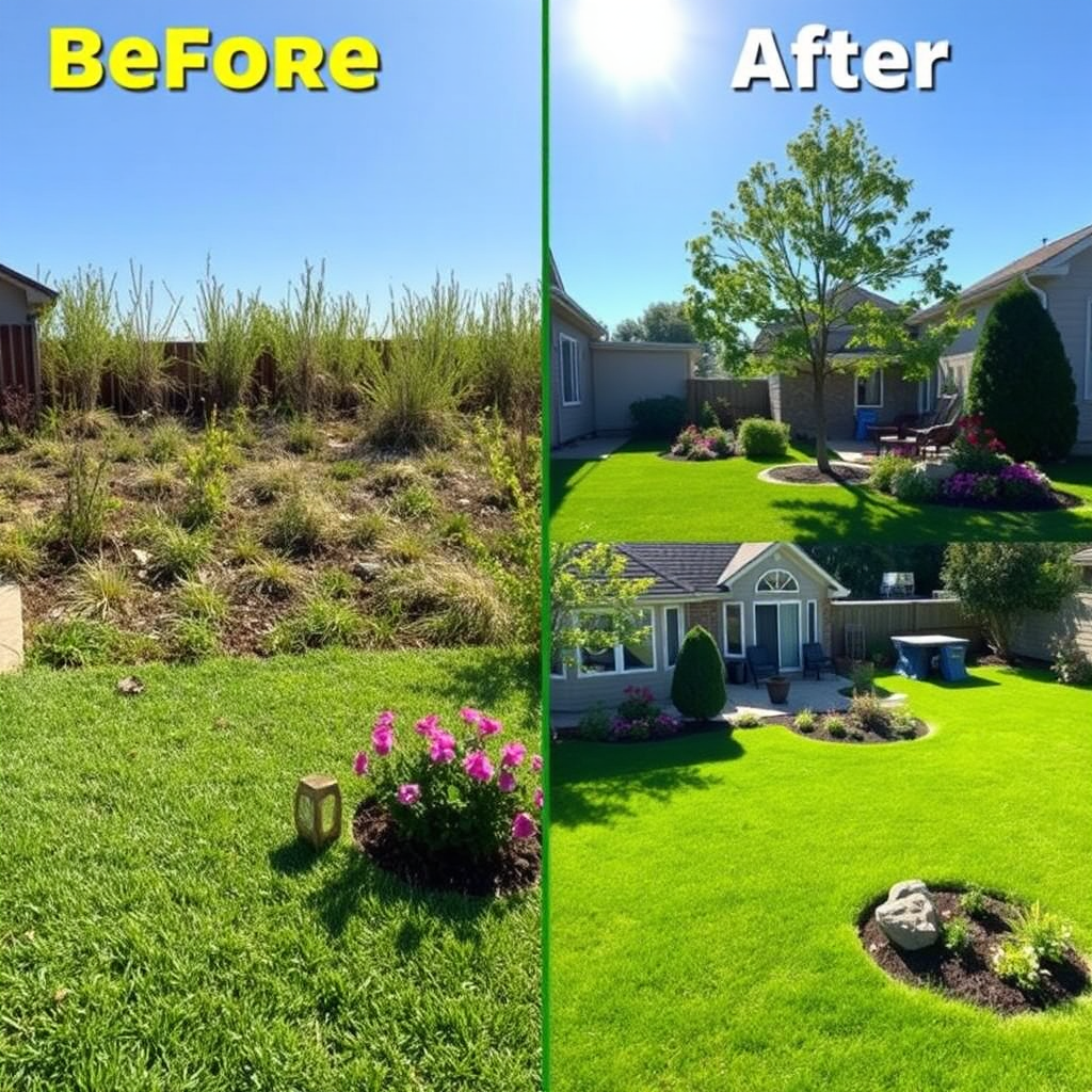 Visualize a comparison image illustrating before and after landscaping transformations. The 'before' image should depict a neglected yard with overgrown grass and weeds, while the 'after' shows a pristine, well-manicured lawn with blooming flowers and new outdoor features. Utilize a bright and sunny day to emphasize the vibrancy of the after-image, using a crisp camera angle to highlight the differences in landscape appeal. The contrasting visuals should be engaging, clearly showcasing the expertise of A Different Image Lawn Care.