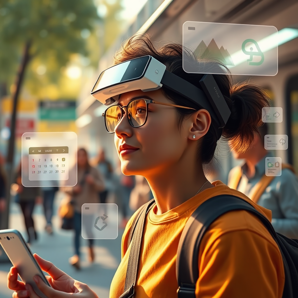Visualize a day in the life of a user equipped with Nu-Vizn wearables. The scene should depict a person enjoying various activities, like commuting and socializing, enhanced by AR interfaces. Warm, natural lighting should create a welcoming atmosphere, while subtle images of calendar alerts and navigation cues float in front of the user. The textures of the surroundings should evoke an urban lifestyle filled with technological innovations.