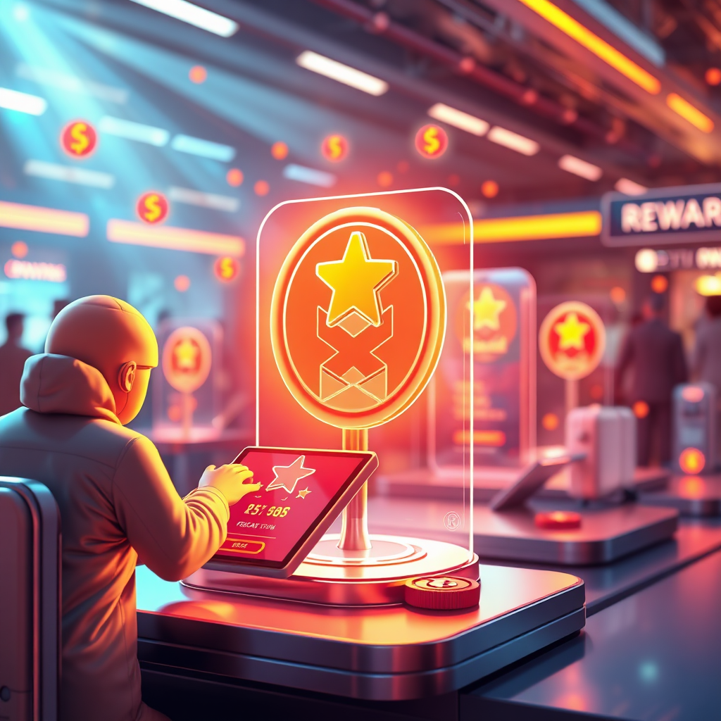 Visualize a digital representation of a token rewards system, with users engaging on devices and receiving rewards for transactions. Use bright colors and futuristic lighting to capture excitement. Include textures from devices and reward tokens, adopting a clear, detailed style in high resolution.