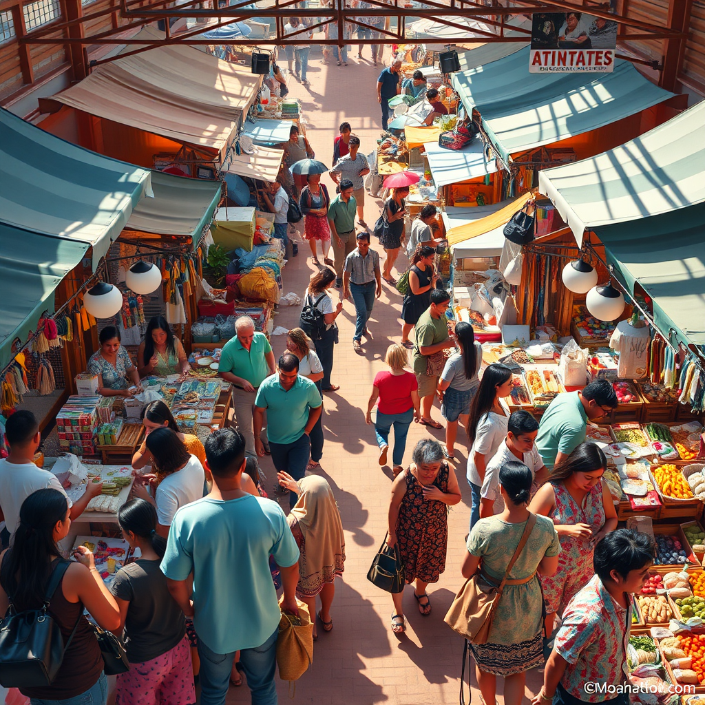 Visualize a dynamic marketplace scene, filled with local vendors and community members engaging with products in a lively atmosphere. Use vibrant colors and clear lighting to portray excitement. The texture of stalls and booths should be detailed, highlighting artisan goods and interactive elements. Capture the essence of interaction with an overhead shot of the gatherings. The image quality should resemble a stylized photorealistic approach.
