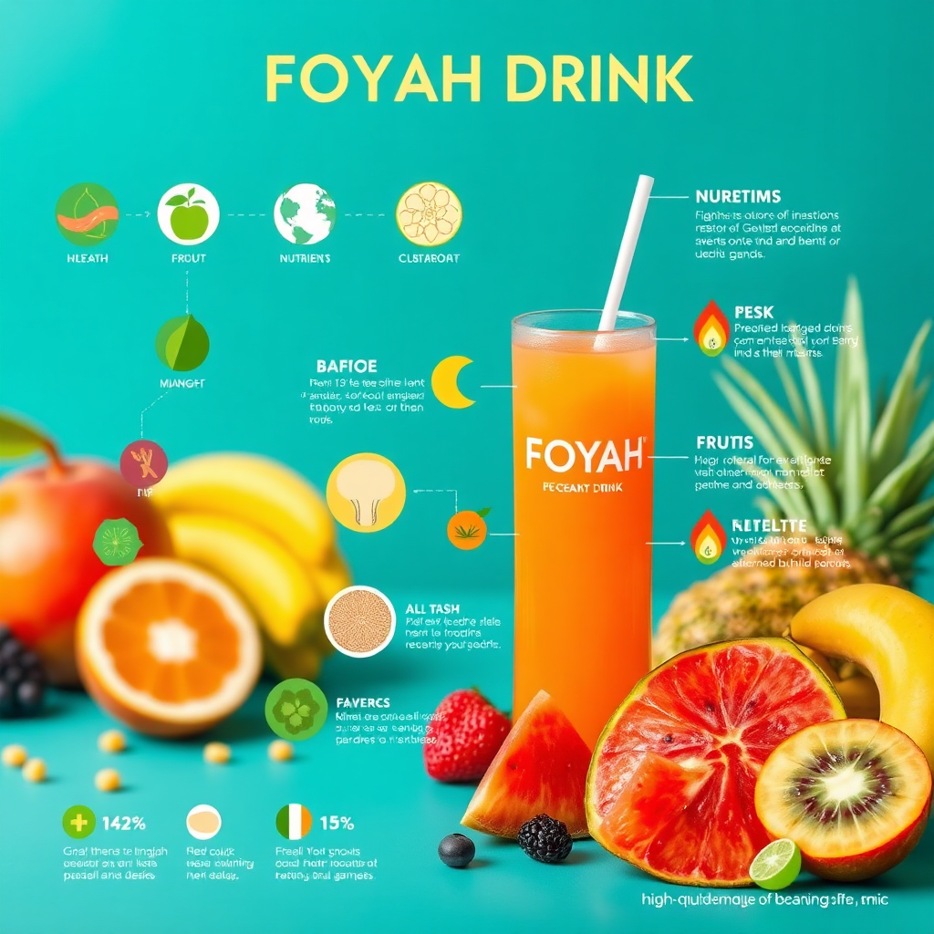 Visualize a dynamic nutritional infographic alongside FOYAH™ Drink, showcasing the health benefits of each ingredient. Use an engaging layout with graphic elements representing nutrients and benefits, combined with a beautifully arranged photo of the drink and tropical fruits. The aim is to create an educational yet appealing look, maintaining high-quality standards for clarity in details.