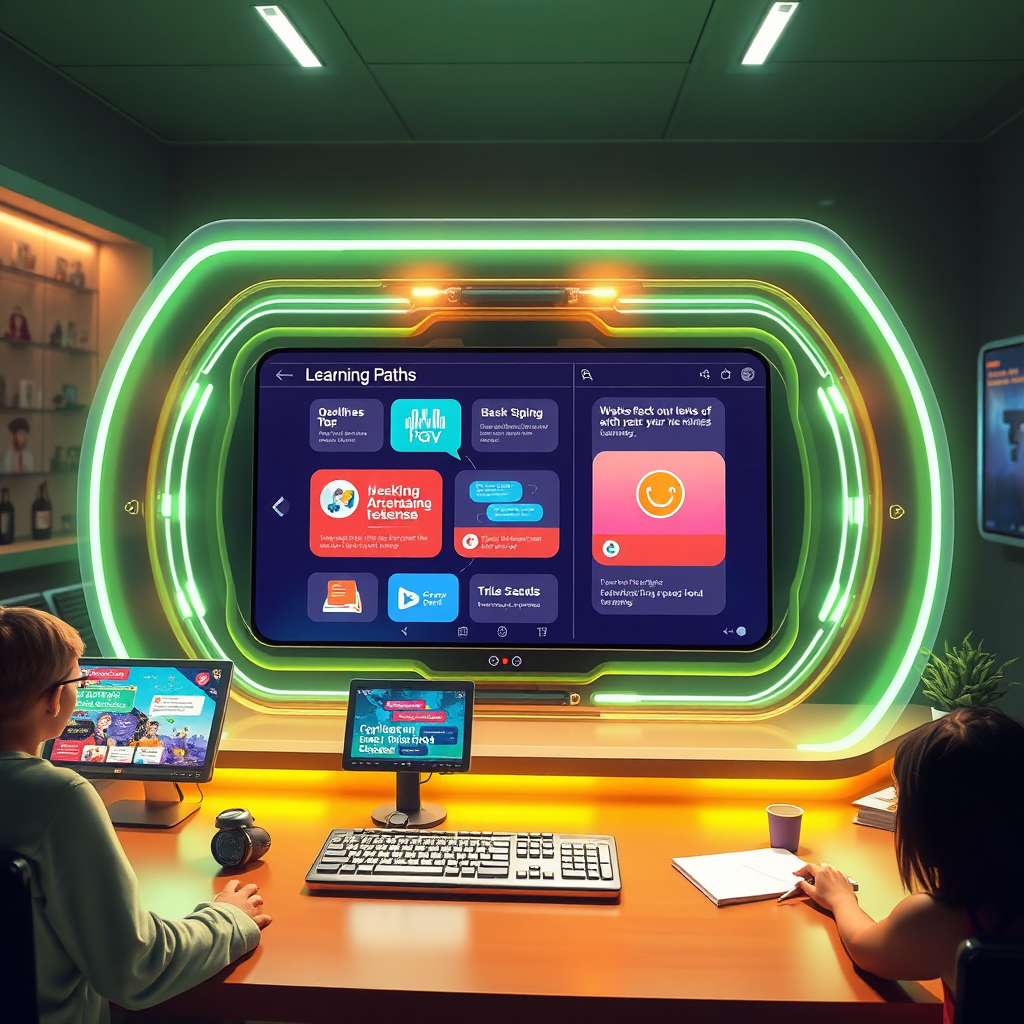 Visualize a futuristic platform offering personalized learning paths, showcasing diverse content tailored for each learner. Highlight vibrant options such as outlines and quizzes on display screens, with engaging visualizations and a creative workspace, enhancing a sense of ownership in the learning process with lively colors and a contemporary vibe.