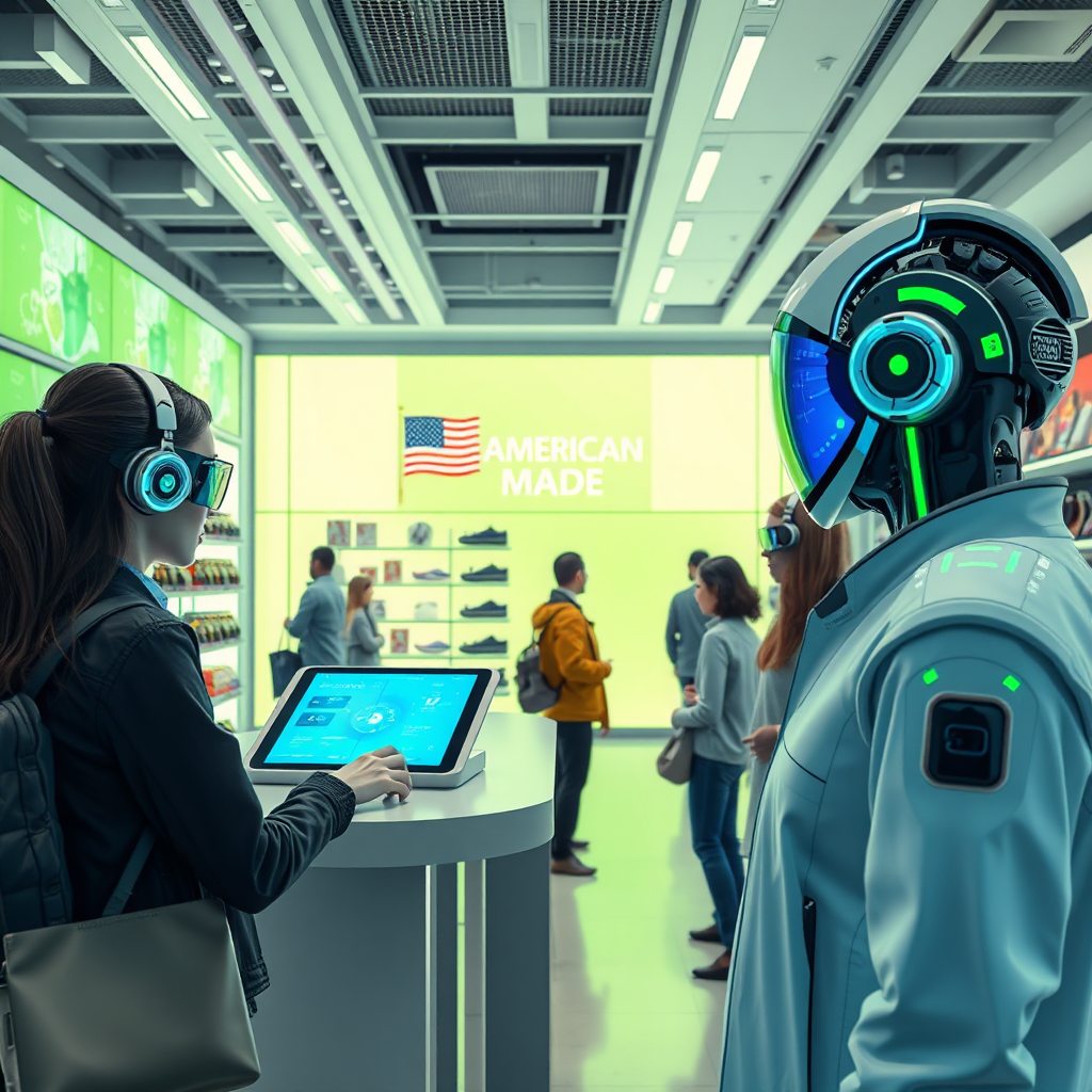 Visualize a futuristic retail environment where customers interact with AI assistants. The setting should be bright and modern, with digital displays showcasing American-made products. Use a lively color palette with greens and blues to emphasize innovation. A wide-angle shot should capture the activity within the store, highlighting the blend of technology and retail. Ensure high resolution to convey the dynamic retail experience effectively.