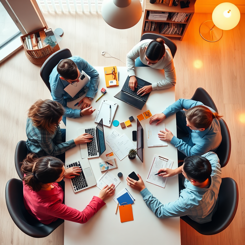 Visualize a hands-on workshop where team members collaborate over laptops to develop e-commerce strategies. The setting should foster a creative atmosphere, with brainstorming materials visible around a bright table. Warm, engaging lighting should invite collaboration, and colors should be vibrant yet professional. Capture an overhead shot to emphasize teamwork and interaction, ensuring high image quality for maximum impact.