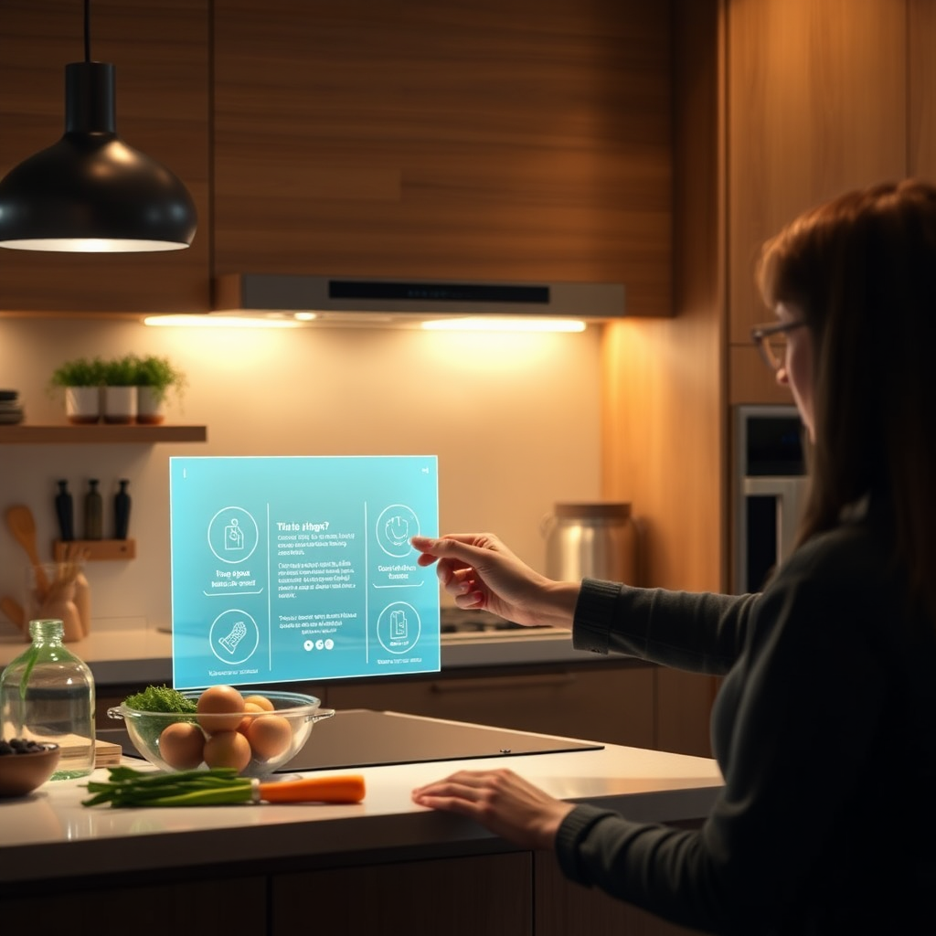 Visualize a modern kitchen where a user interacts with a smart glass interface, receiving cooking instructions overlaid on ingredients. The warm light should create a cozy atmosphere while showcasing sleek kitchen appliances that speak to the modern homeowner. Focus on the interaction between person and technology, emphasizing smooth, intuitive designs. Detail the textures of the smart glass for clarity and realism.
