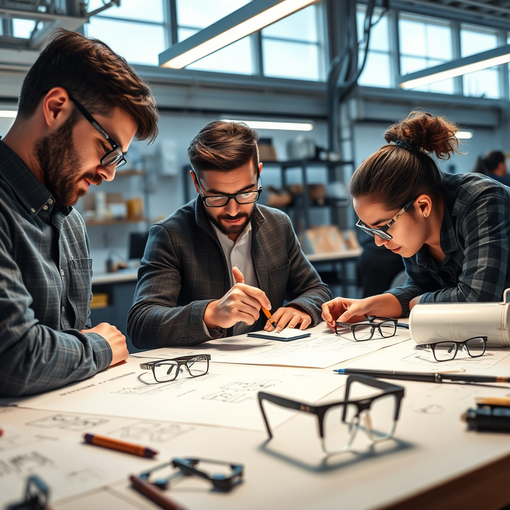 Visualize a modern tech lab where engineers are collaborating on innovative wearable devices. The image should depict a vibrant energy, with various prototypes displayed amongst technical sketches. Bright, focused lights should illuminate the workspace, highlighting the blend of human creativity and technology. Capture the intricate details of smart glasses being designed, emphasizing quality and craftsmanship.