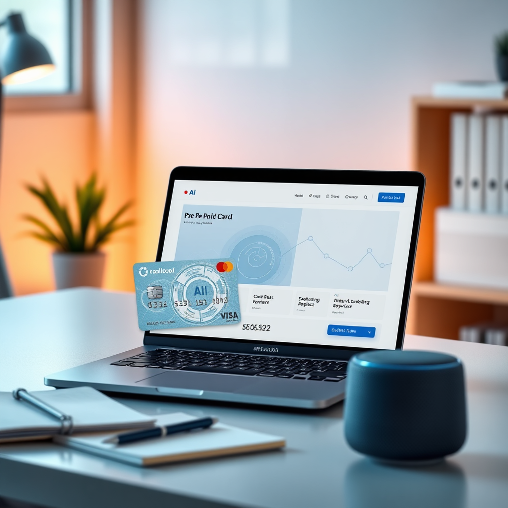 Visualize a modern workspace with the pre-paid card visible next to an open laptop displaying AI software. The lighting should be warm and inviting, with a color palette of soft blues and whites. Include props like a notebook and a voice assistant device to suggest productivity and modern technology. Aim for a photorealistic representation to evoke professionalism and innovation.