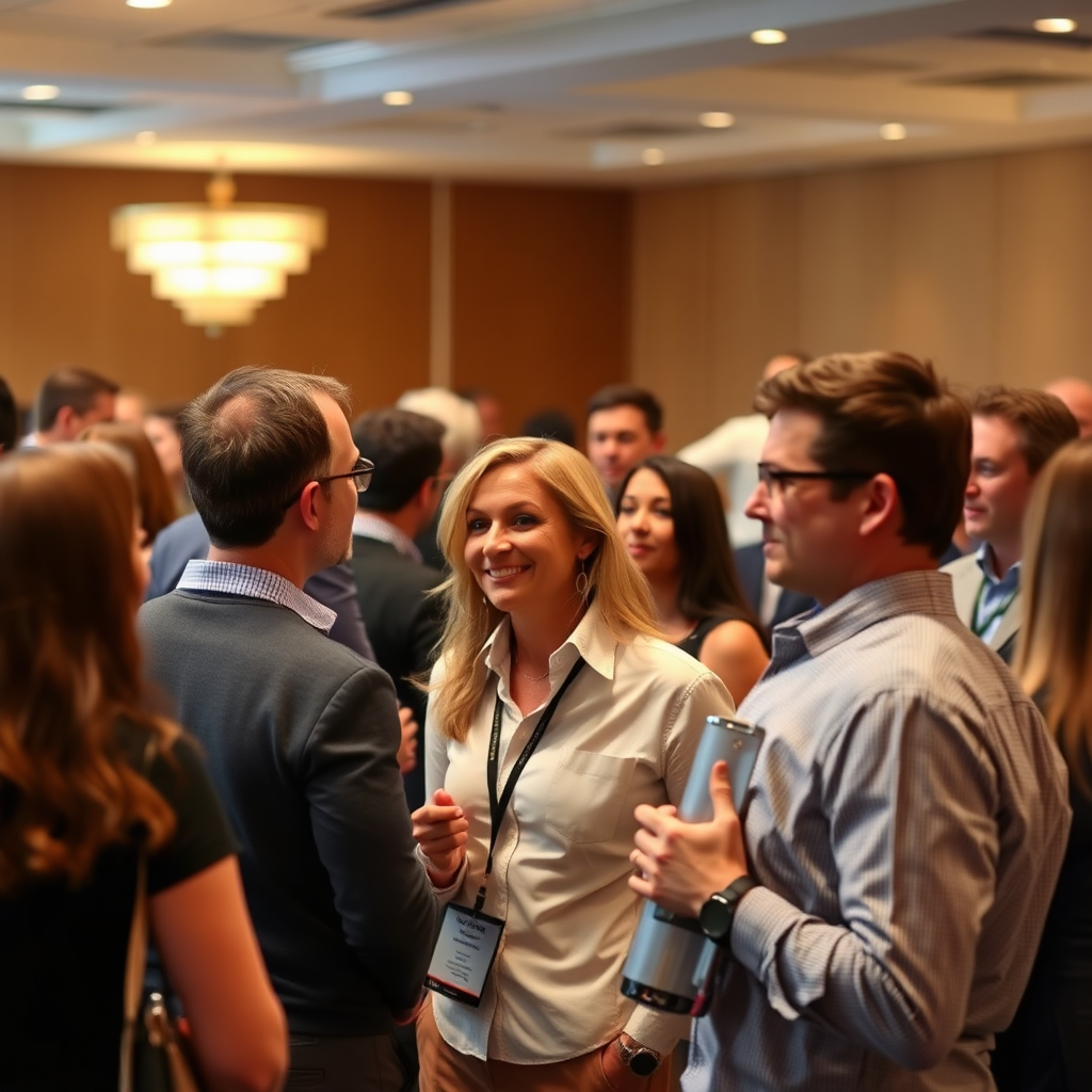 Visualize a networking event with individuals connecting over discussions about real estate investments. Capture the energy of the room with a well-lit setting, showing a dynamic mixed crowd representing diverse backgrounds. Focus on clarity and texture, particularly in the participants' expressions and attire.