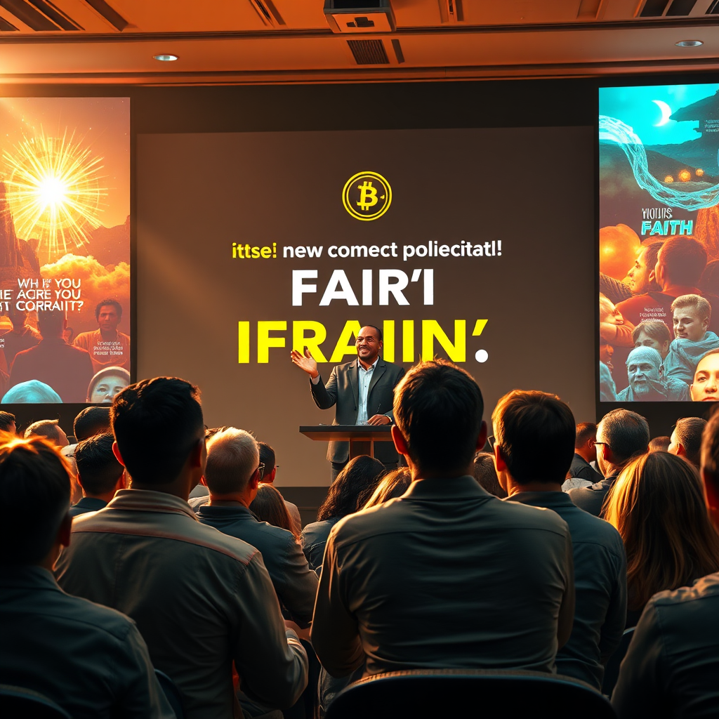 Visualize a powerful moment of inspiration, featuring a leader speaking to an engaged audience about the mission of iCoinFi.com. The backdrop should display impactful visuals related to faith and digital currencies. Use warm, inviting lighting to enhance the atmosphere of motivation and purpose. Capture enthusiastic expressions and exchanges of ideas, making the viewer feel involved. Tech specs: photorealistic.