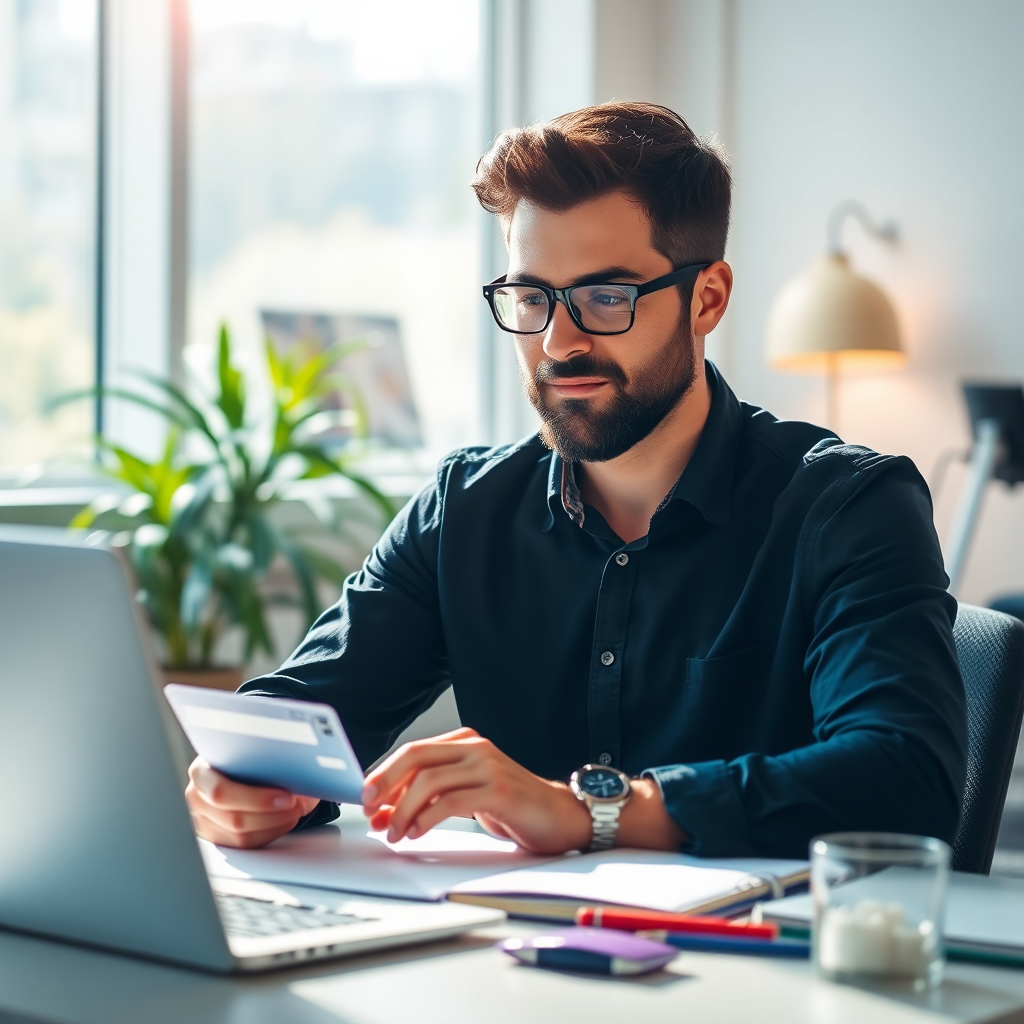 Visualize a productive individual in a vibrant office setting, seamlessly integrating the pre-paid card into their daily workflow. Bright light streaming through a window enhances the scene's ambiance, while elements of technology, like a digital assistant and AI applications on-screen, drive home the message of efficiency and productivity. Strive for photorealistic detail to showcase the synergy between the card and effective work practices.