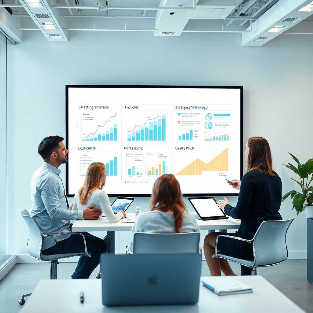 Visualize a productive workspace with a digital whiteboard displaying strategic growth plans and charts in a modern office. The composition should include individuals discussing strategies, with emphasis on the digital whiteboard content. Use bright lighting to create an energy-filled atmosphere, alongside a crisp color palette of whites, blues, and greens. Incorporate elements that suggest technology and innovation, like tablets and laptops. Technical specs: 4K resolution, high quality.