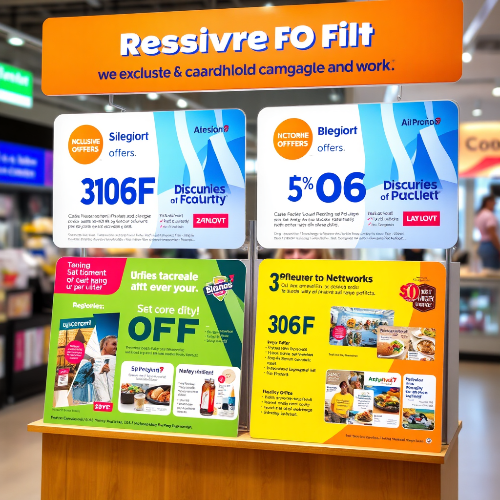 Visualize a promotional display featuring exclusive offers and discounts available to Ai Promo Network cardholders. Incorporate bright, enticing colors to engage viewers, with detailed visuals of the offers showcased in an inviting layout. Aim for a photorealistic finish to enhance clarity and attraction of the promotional materials.