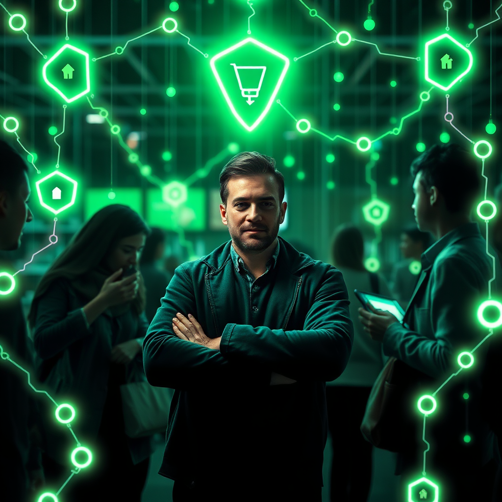 Visualize a secure digital transaction scene with glowing blockchain chains surrounding a confident retailer making exchanges with consumers. Use dramatic lighting to create a sense of security and reliability, with a color scheme of greens and blacks indicating technology.