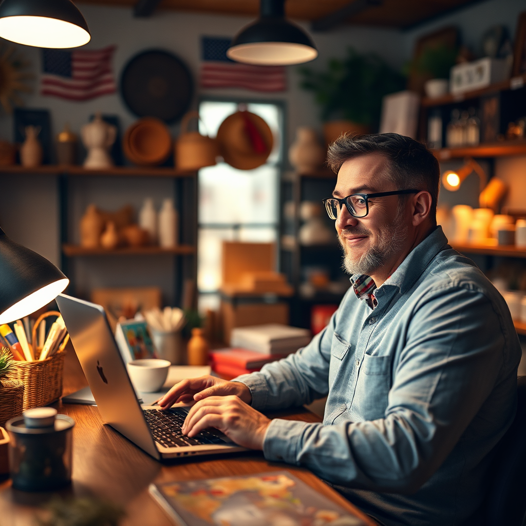 Visualize a small business owner successfully navigating the Market2BuyNow.com platform on a laptop. The image should show a cozy workspace filled with U.S.-made products. Soft ambient lighting will create a warm atmosphere, while the color palette focuses on earthy tones. A mid-range camera angle should emphasize the owner’s satisfaction with the platform. The image should be in high quality, rendered in 4K resolution.