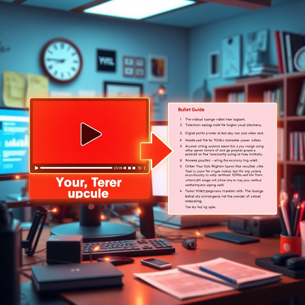 Visualize a striking image of an animated transformation process showing a YouTube video morphing into a digital mini-guide. The scene should feature vibrant graphics of video frames transitioning into text content and bullet point lists. Use dynamic colors and energetic lighting to imply movement and learning. The backdrop should be a digital workstation filled with educational tools. The style should be engaging and modern, perfect for a tech-savvy audience.