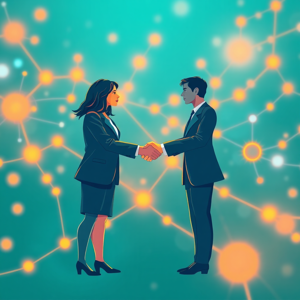 Visualize a stylized illustration of two business professionals shaking hands, symbolizing partnership and connection. The background should show interconnected digital networks and data streams representing B2B relationships. Use vibrant colors like teal and orange to create an eye-catching image. The lighting should have a glowing quality, suggesting innovation and opportunity. The textures should be smooth and modern, giving a polished feel to the graphics. Technical specs should ensure high quality and clarity.