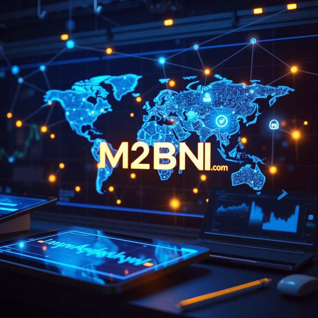 Visualize a stylized image that captures the essence of M2BNL.com, showcasing a network of interconnected nodes symbolizing blockchain technology. The composition should feature a sleek digital interface overlaid with global maps and real-time trading data. The lighting should be futuristic with a dark background contrasting bright highlights in blue and gold, symbolizing innovation and security. Textures should be smooth and modern, depicting a tech-savvy environment. Include props like digital tablets and screens to emphasize finance technology. Technical specs: 4K resolution, high quality.