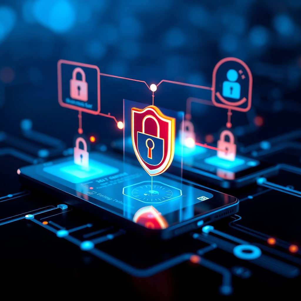 Visualize a technologically advanced secure transaction process, with an emphasis on safety alerts and encryption symbols on devices. Use a color scheme with deep blues and bright accents to symbolize security and assurance. Tech specs: 4K resolution, high quality.