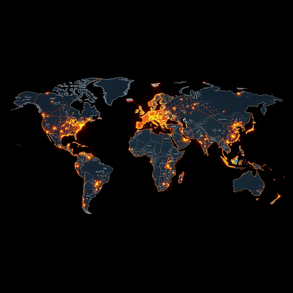 Visualize a world map with highlighted hotspots representing the 333 cities involved, linked by glowing lines to symbolize connectivity. Use a dark backdrop to emphasize the bright colors of the map and connections. Include icons representing real estate and AI in each city. A 3D perspective can enhance it, creating depth in the map, while maintaining a high level of photorealism.