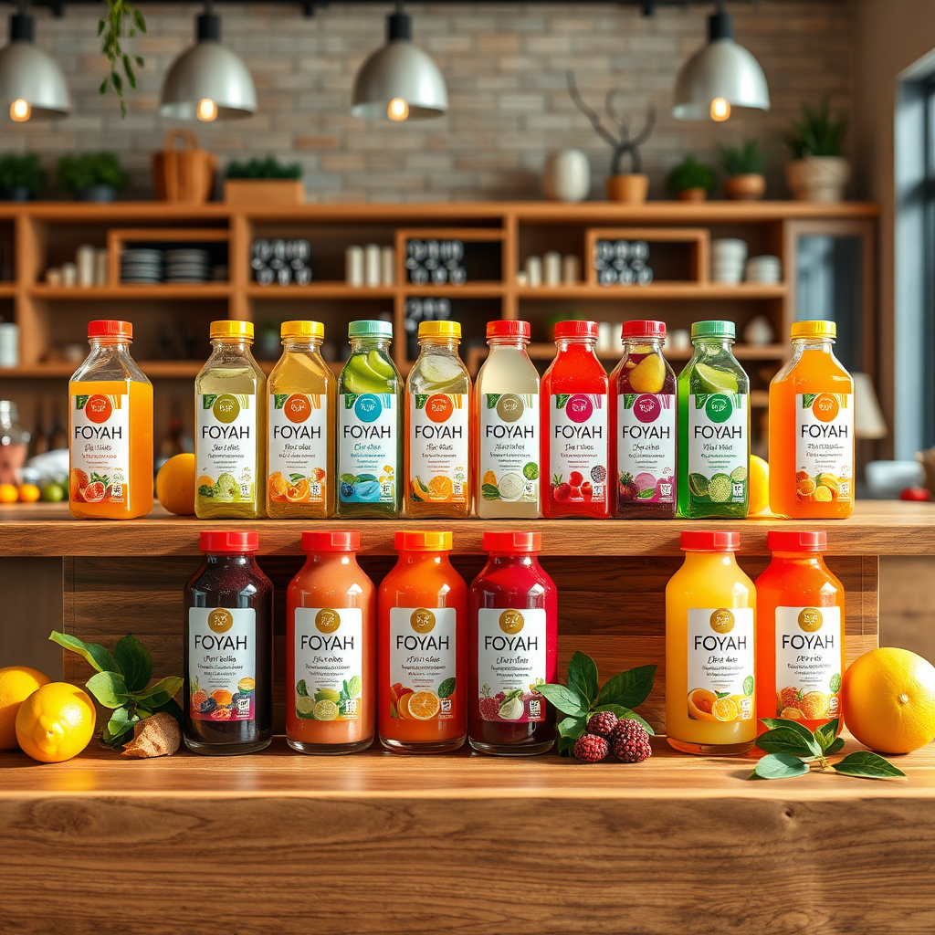 Visualize an appealing display of various FOYAH™ beverages on a wooden counter, with vibrant labels and colorful drink options. Include natural elements like fruits and leaves to symbolize freshness, presented in a bright, inviting lighting condition. Capture the diversity of flavors and wellness options for customers’ healthy lifestyles.