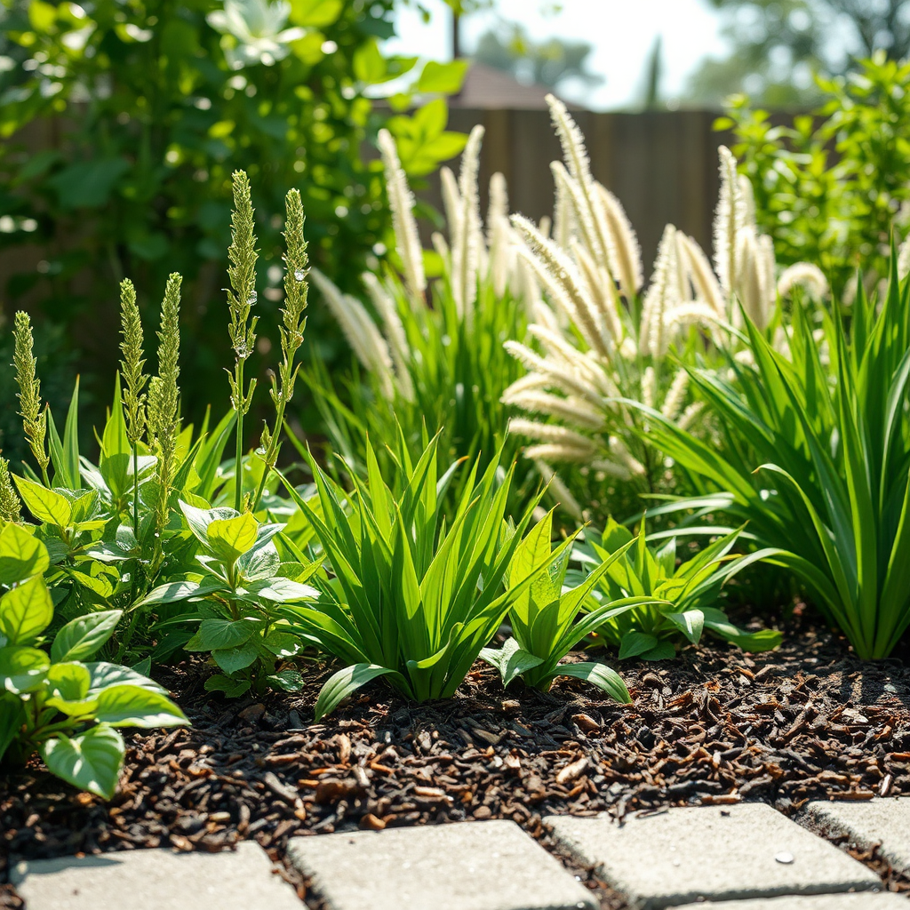 Visualize an eco-friendly landscape with elements like native plants, mulch beds, and rainwater drainage solutions. The setting should feature a diverse array of plant life that thrives naturally in the environment. Include bright daylight to enhance the green tones of the plants and refreshing visual appeal while capturing fine details like water droplets from irrigation. The image should be high quality, emphasizing sustainability themes in 4K clarity.