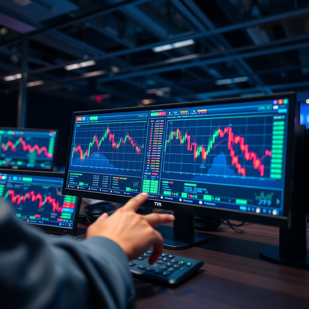 Visualize an image showing a digital platform interface where trades are being executed in real-time. The composition should include multiple screens with vibrant graphics demonstrating efficiency and quick responses, in a high-tech trading environment.