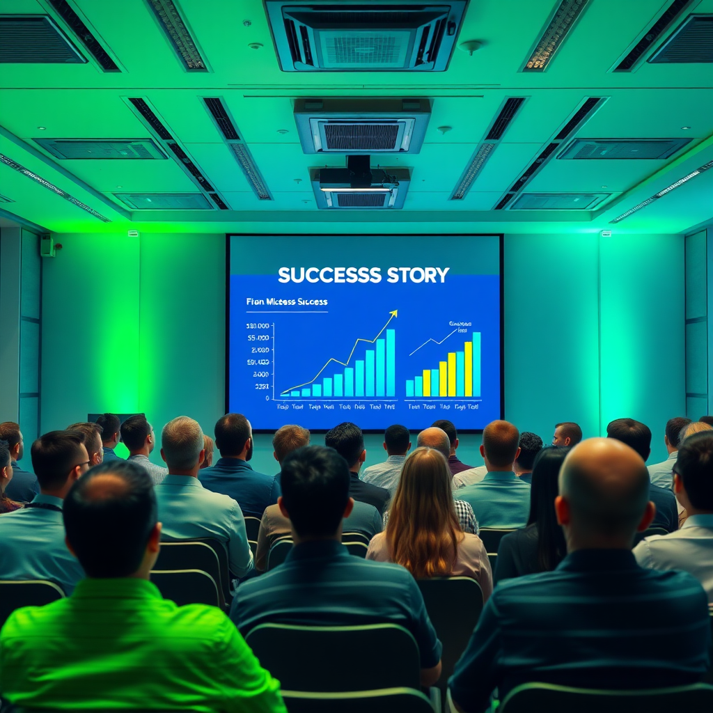 Visualize an inspiring success story presentation, featuring graphical representations of business growth and success metrics. The environment should be a bright conference room filled with engaged viewers. Use motivational color schemes like bright green and blue to suggest positivity and inspiration. Lighting should focus on the presentation screen while highlighting the audience's attentive faces. Technical specs: 4K resolution, high quality.