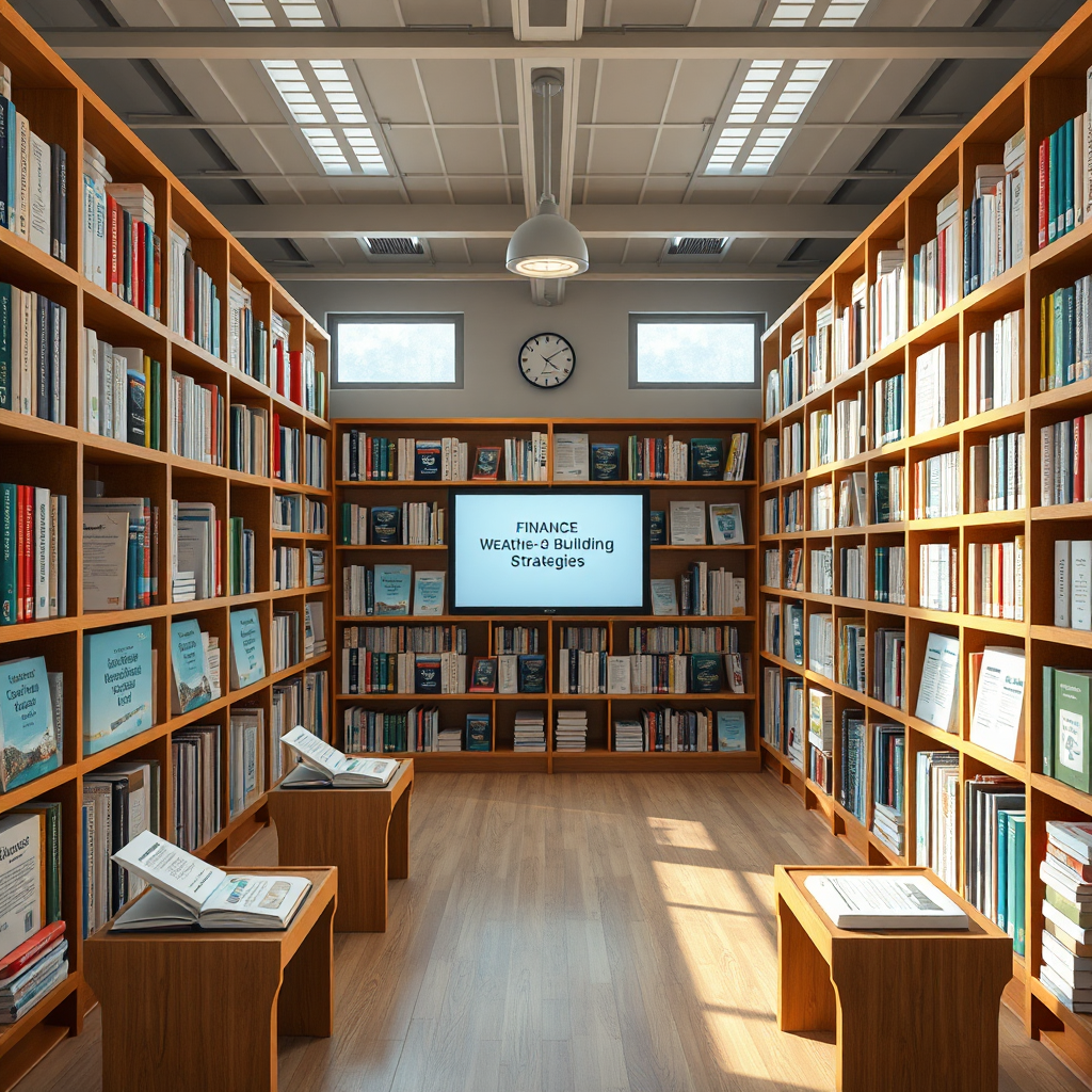 Visualize an open digital library filled with resources on finance and wealth-building strategies. Screens should display various downloadable materials like eBooks, worksheets, and guides. The atmosphere should feel bright and accessible, encouraging users to learn. Use clean, modern design elements to convey clarity and organization. The image must be photorealistic, representing the vast treasure of knowledge available to the audience.