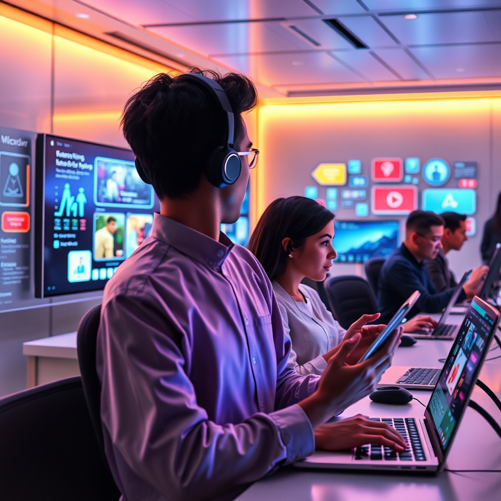 Visualize individuals learning at their own pace through futuristic interfaces featuring adjustable content playback speed and interactive elements. The scene should consist of users engaged with their devices while colorful learning modules surround them. Emphasize a personalized review process within a sleek, modern learning hub, using warm lighting to create a welcoming yet efficient environment.